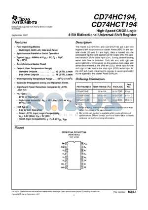 CD74HCT194E datasheet - High-Speed CMOS Logic 4-Bit Bidirectional Universal Shift Register