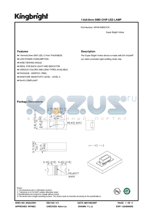 APHK1608SYCK datasheet - 1.6x0.8mm SMD CHIP LED LAMP