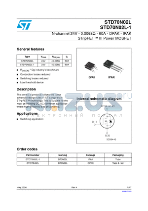 D70N02L datasheet - N-channel 24V - 0.0068ohm - 60A - DPAK - IPAK STripFET TM III Power MOSFET