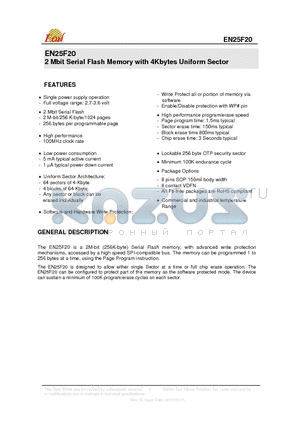 EN25F20-75VI datasheet - 2 Mbit Serial Flash Memory with 4Kbytes Uniform Sector