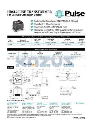 B1053 datasheet - LINE TRANSFORMER For Use with GlobeSpan Chipset