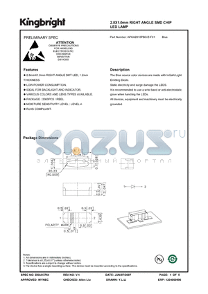 APKA2810PBC-Z-F01 datasheet - 2.8X1.0mm RIGHT ANGLE SMD CHIP LED LAMP