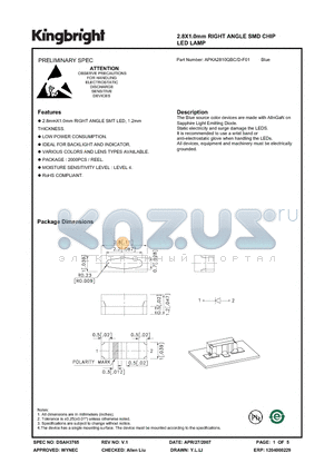 APKA2810QBC/D-F01 datasheet - 2.8X1.0mm RIGHT ANGLE SMD CHIP LED LAMP