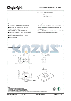 APKB3025YSGC-F01 datasheet - 3.0x2.5mm SURFACE MOUNT LED LAMP