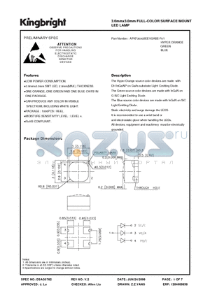 APKF3030SEEVGABE-F01 datasheet - 3.0mmx3.0mm FULL-COLOR SURFACE MOUNT LED LAMP