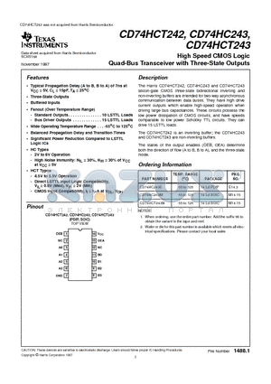 CD74HCT243 datasheet - High Speed CMOS Logic Quad-Bus Transceiver with Three-State Outputs