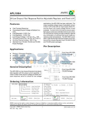 APL1084 datasheet - 5A Low Dropout Fast Response Positive Adjustable Regulator and Fixed 3.3V