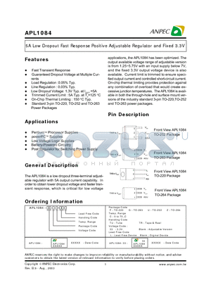 APL1084-FC-TRL datasheet - 5A Low Dropout Fast Response Positive Adjustable Regulator and Fixed 3.3V