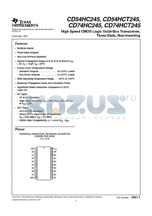 CD74HCT245 datasheet - High Speed CMOS Logic Octal-Bus Transceiver, Three-State, Non-Inverting