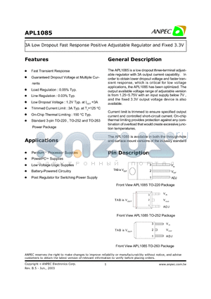 APL1085 datasheet - 3A Low Dropout Fast Response Positive Adjustable Regulator and Fixed 3.3V