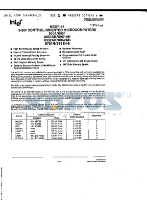 D8051 datasheet - 8 BIT CONTROL ORIENTED MICROCOMPUTERS