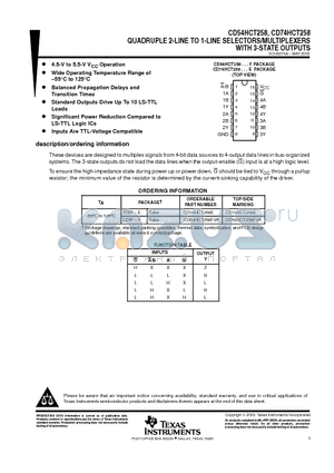 CD74HCT258E datasheet - QUADRUPLE 2-LINE TO 1-LINE SELECTORS/MULTIPLEXERS WITH 3-STATE OUTPUTS