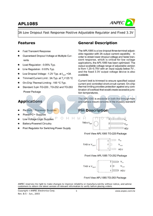 APL1085FCTU datasheet - 3A Low Dropout Fast Response Positive Adjustable Regulator and Fixed 3.3V