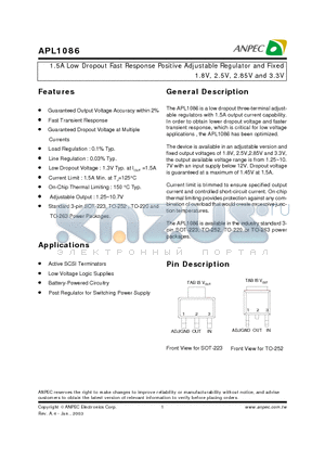 APL1086-18UC-TR datasheet - 1.5A Low Dropout Fast Response Positive Adjustable Regulator and Fixed 1.8V, 2.5V, 2.85V and 3.3V