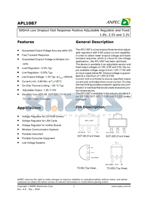 APL1087-18DC-TUL datasheet - 800mA Low Dropout Fast Response Positive Adjustable Regulator and Fixed 1.8V, 2.5V and 3.3V