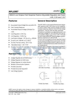 APL1087-18UC-TR datasheet - 800mA Low Dropout Fast Response Positive Adjustable Regulator and Fixed 1.8V, 2.5V and 3.3V