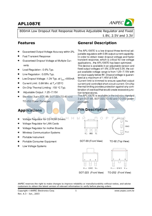 APL1087E datasheet - 800mA Low Dropout Fast Response Positive Adjustable Regulator and Fixed 1.8V, 2.5V and 3.3V