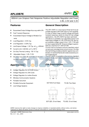 APL1087E-18EC-TR datasheet - 800mA Low Dropout Fast Response Positive Adjustable Regulator and Fixed 1.8V, 2.5V and 3.3V