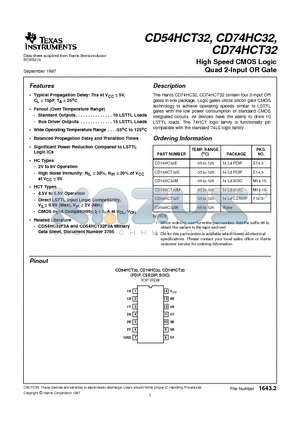 CD74HCT32E datasheet - High Speed CMOS Logic Quad 2-Input OR Gate