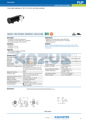 31.252-ND datasheet - Shock-Safe Fuseholder, 5 x 20 / 6.3 x 32 mm, Slot Knob, horizontal