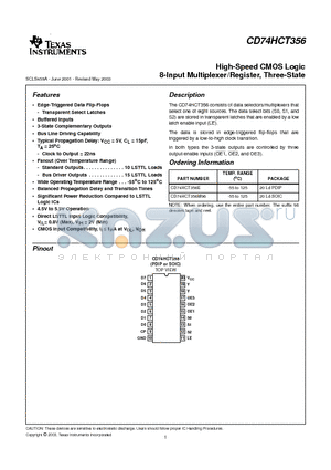 CD74HCT356M96 datasheet - High-Speed CMOS Logic 8-Input Multiplexer/Register, Three-State