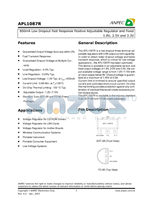 APL1087R-18DC-TRL datasheet - 800mA Low Dropout Fast Response Positive Adjustable Regulator and Fixed 1.8V, 2.5V and 3.3V