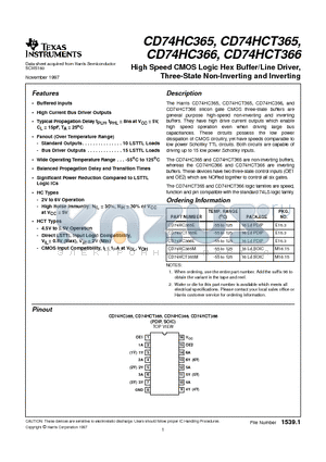 CD74HCT365M datasheet - High Speed CMOS Logic Hex Buffer/Line Driver, Three-State Non-Inverting and Inverting
