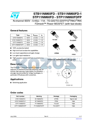 B11NM60FD datasheet - N-channel 600V - 0.40OHM - 11A - TO-220/TO-220FP/D2PAK/I2PAK FDmesh TM  Power MOSFET (with fast diode)