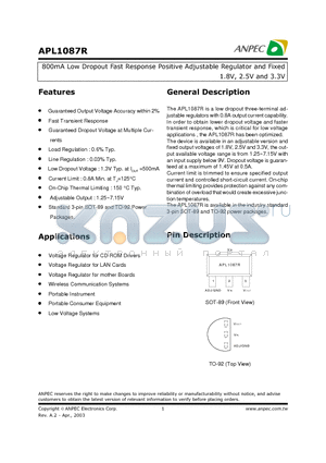 APL1087R-25DC-TRL datasheet - 800mA Low Dropout Fast Response Positive Adjustable Regulator and Fixed 1.8V, 2.5V and 3.3V