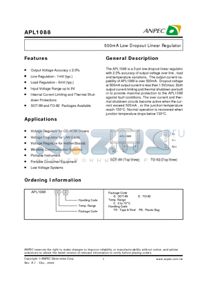 APL1088 datasheet - 500mA Low Dropout Linear Regulator