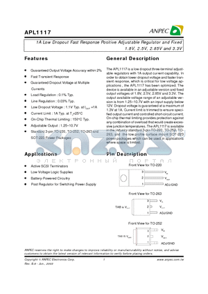 APL1117-18FC-TU datasheet - 1A Low Dropout Fast Response Positive Adjustable Regulator and Fixed 1.8V, 2.5V, 2.85V and 3.3V