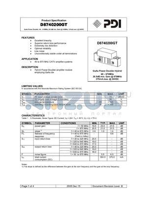 D8740200GT datasheet - GaAs Power Doubler, 40 - 870MHz, 20.5dB min. Gain @ 870MHz, 375mA max. @ 24VDC