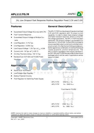 APL1117D-33UC-TR datasheet - 1A Low Dropout Fast Response Positive Regulator Fixed 3.3V and 5.0V