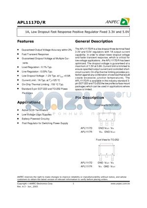 APL1117D-33VC-TR datasheet - 1A Low Dropout Fast Response Positive Regulator Fixed 3.3V and 5.0V