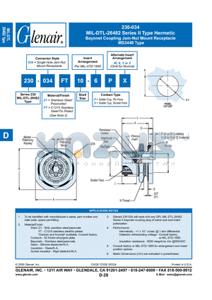 230-034FT10-6SW datasheet - Bayonet Coupling Jam-Nut Mount Receptacle