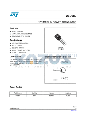 D882 datasheet - NPN MEDIUM POWER TRANSISTOR