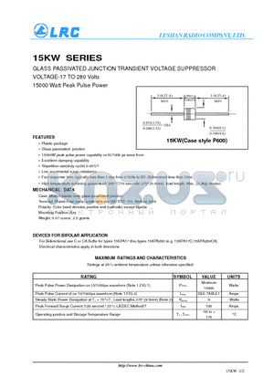 15KPA130A datasheet - GLASS PASSIVATED JUNCTION TRANSIENT VOLTAGE SUPPRESSOR VOLTAGE-17 TO 280 Volts 15000 Watt Peak Pulse Power