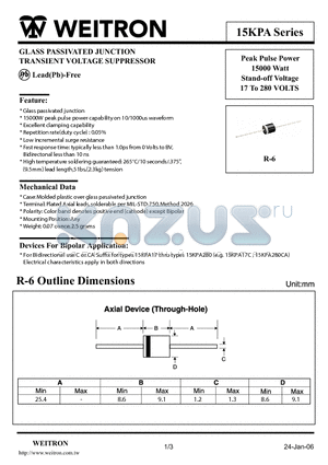 15KPA160A datasheet - GLASS PASSIVATED JUNCTION TRANSIENT VOLTAGE SUPPRESSOR