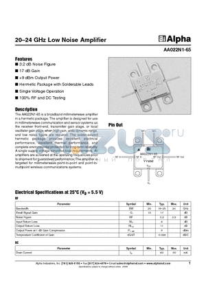 AA022N1-65 datasheet - 20-24 GHz Low Noise Amplifier