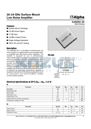 AA022N1-A2 datasheet - 20-24 GHz Surface Mount Low Noise Amplifier