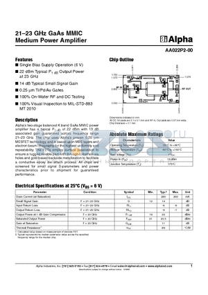 AA022P2-00 datasheet - 21-23 GHz GaAs MMIC Medium Power Amplifier