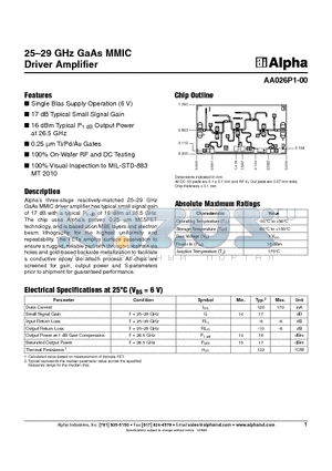 AA026P1-00 datasheet - 25-29 GHz GaAs MMIC Driver Amplifier