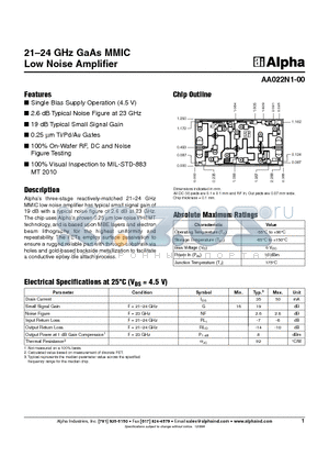 AA022N1-00 datasheet - 21-24 GHz GaAs MMIC Low Noise Amplifier