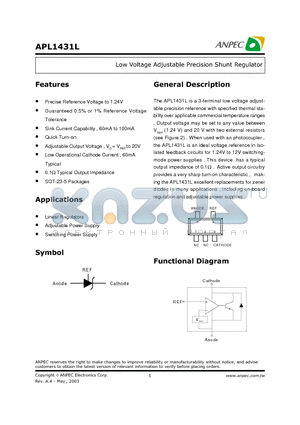 APL1431LBBC-TB datasheet - Low Voltage Adjustable Precision Shunt Regulator