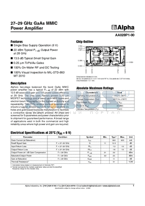 AA028P1-00 datasheet - 27-29 GHz GaAs MMIC Power Amplifier