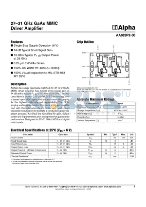 AA028P2-00 datasheet - 27-31 GHz GaAs MMIC Driver Amplifier