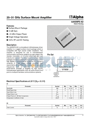 AA028P2-A2 datasheet - 25-31 GHz Surface Mount Amplifier