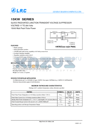 15KPA170A datasheet - GLASS PASSIVATED JUNCTION TRANSIENT VOLTAGE SUPPRESSOR VOLTAGE-17 TO 280 Volts 15000 Watt Peak Pulse Power