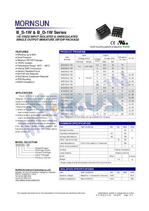 B1212S/D-1W datasheet - SINGLE OUTPUT MINIATURE SIP/DIP PACKAGE