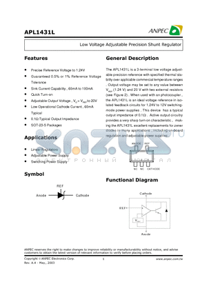 APL1431LBBI-TRL datasheet - Low Voltage Adjustable Precision Shunt Regulator